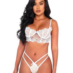 Honeymoon Lace Lingerie Set - Wedding Rosette Lace Bra - Sexy White Bra & Thong